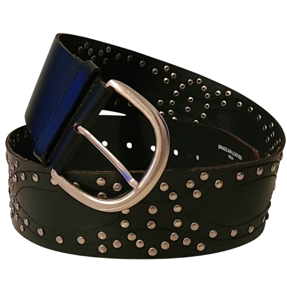 Brazilian Leather Black Studded Belt Decorative Stitching Silver Buckle Wmns M - Picture 1 of 7